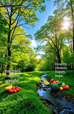 A serene landscape featuring a lush green forest with a clear blue sky, sunlight filtering through the leaves, a calm stream running gently through the scene