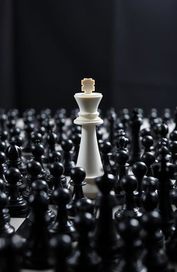 A giant white King chess piece standing confidently on a vast chessboard, surrounded by an overwhelming sea of black pawns
