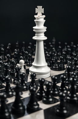 A giant white King chess piece standing confidently on a vast chessboard, surrounded by an overwhelming sea of black pawns