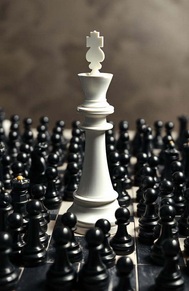 A giant white King chess piece standing confidently on a vast chessboard, surrounded by an overwhelming sea of black pawns