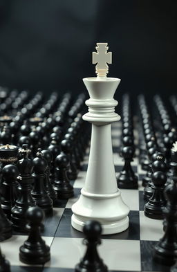 A giant white King chess piece standing confidently on a vast chessboard, surrounded by an overwhelming sea of black pawns