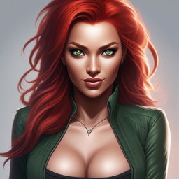 A high-resolution digital art image of a confident woman with dark skin and fiery red hair