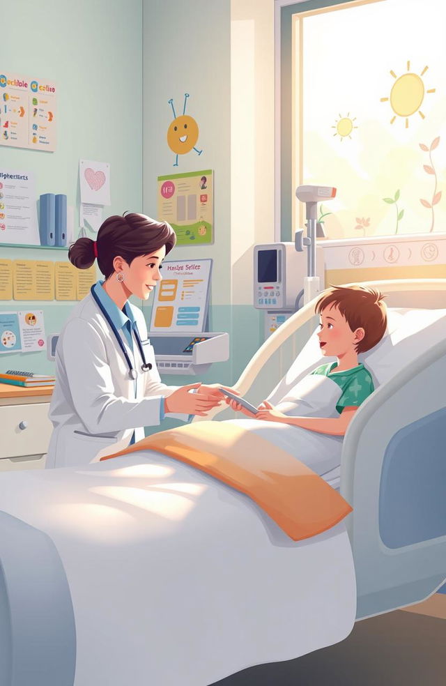 A serene hospital scene illustrating a compassionate educator engaging with a young patient, surrounded by cheerful educational materials and bright, inviting colors