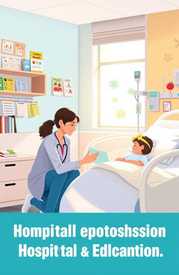 A serene hospital scene illustrating a compassionate educator engaging with a young patient, surrounded by cheerful educational materials and bright, inviting colors