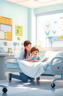 A serene hospital scene illustrating a compassionate educator engaging with a young patient, surrounded by cheerful educational materials and bright, inviting colors