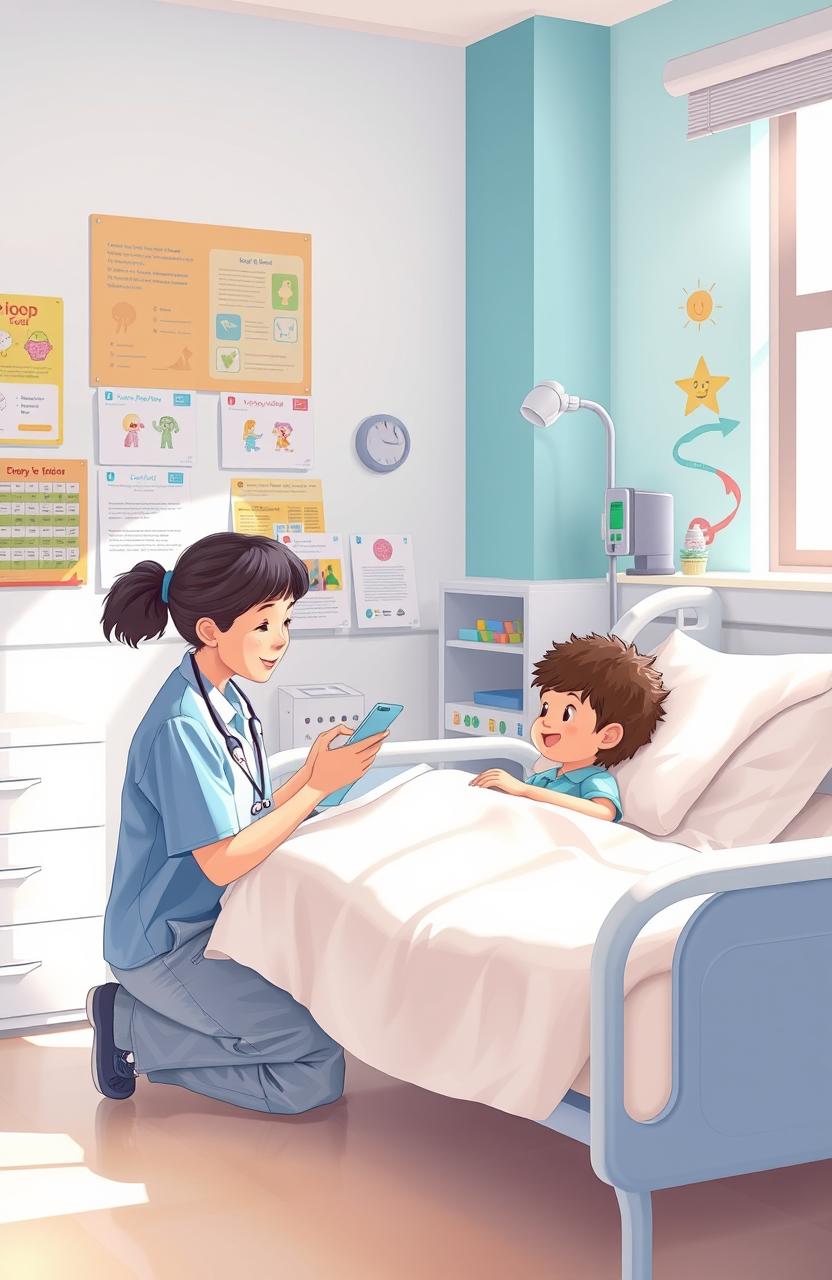 A serene hospital scene illustrating a compassionate educator engaging with a young patient, surrounded by cheerful educational materials and bright, inviting colors