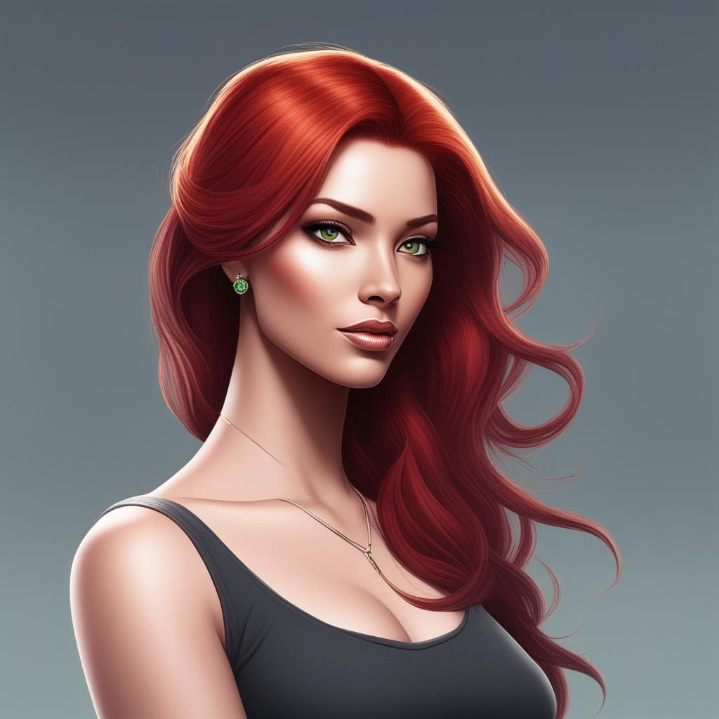 A high-resolution digital art image of a confident woman with dark skin and fiery red hair