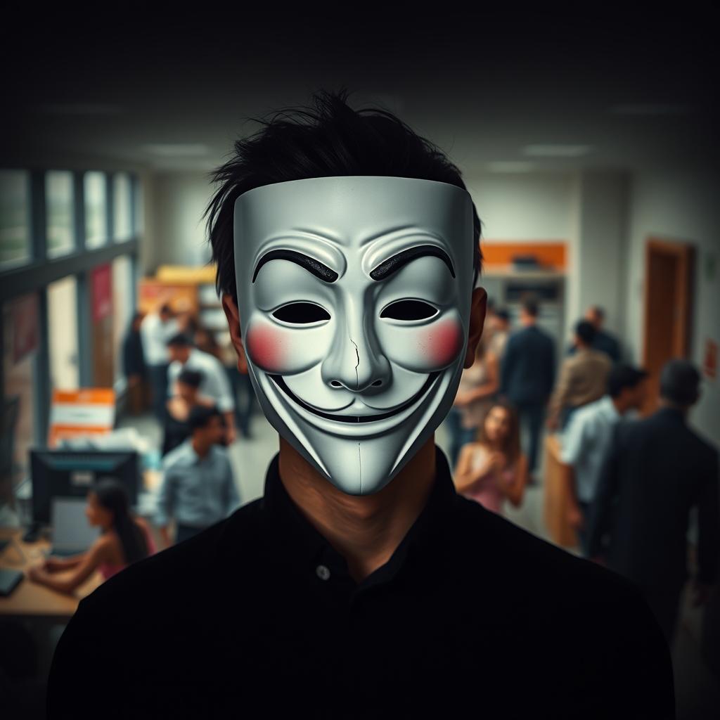 A human figure in the center, wearing a smiling mask that represents normalcy, while behind the mask, their face reflects sadness or despair