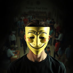 A human figure in the center, wearing a smiling mask that represents normalcy, while behind the mask, their face reflects sadness or despair