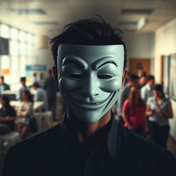 A human figure in the center, wearing a smiling mask that represents normalcy, while behind the mask, their face reflects sadness or despair