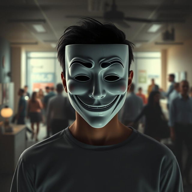 A human figure in the center, wearing a smiling mask that represents normalcy, while behind the mask, their face reflects sadness or despair