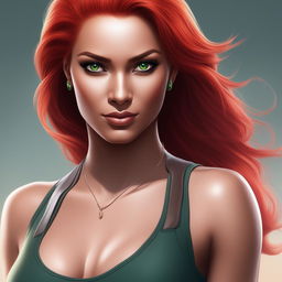 A high-resolution digital art image of a confident woman with dark skin and fiery red hair