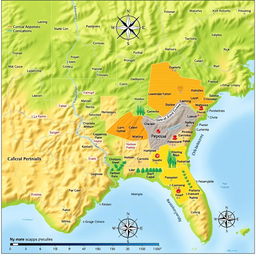 A detailed map highlighting the approximate locations of various crops, featuring vibrant green fields, different colors representing various crop types, and natural geographical features such as rivers and hills