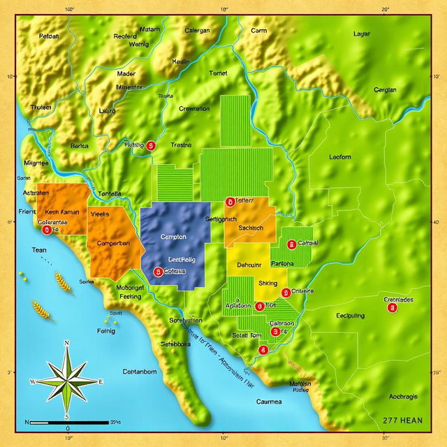 A detailed map highlighting the approximate locations of various crops, featuring vibrant green fields, different colors representing various crop types, and natural geographical features such as rivers and hills