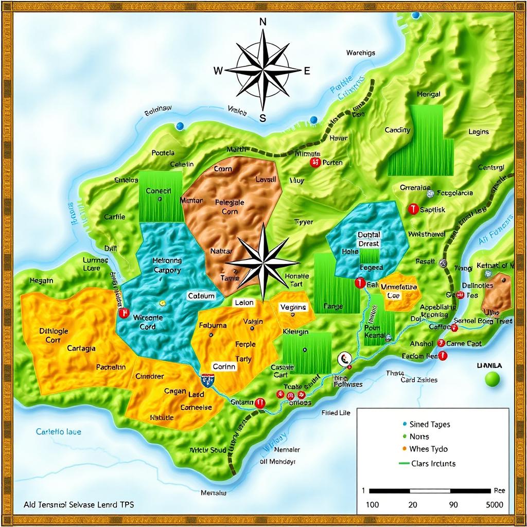 A detailed map highlighting the approximate locations of various crops, featuring vibrant green fields, different colors representing various crop types, and natural geographical features such as rivers and hills