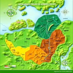 A detailed map highlighting the approximate locations of various crops, featuring vibrant green fields, different colors representing various crop types, and natural geographical features such as rivers and hills
