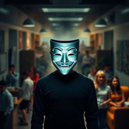 A human figure standing in the center, wearing a smiling mask that represents normality, while behind the mask, their face shows sadness or despair