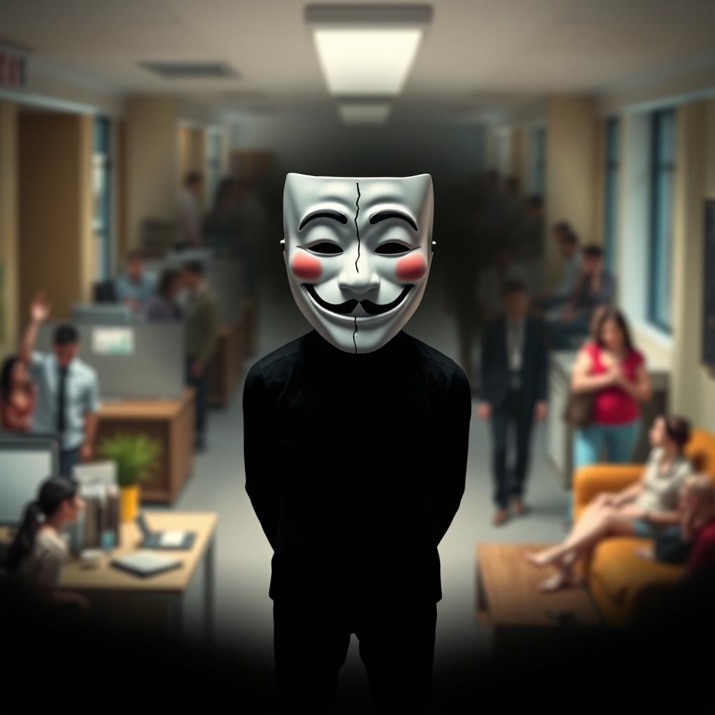 A human figure standing in the center, wearing a smiling mask that represents normality, while behind the mask, their face shows sadness or despair