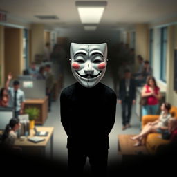 A human figure standing in the center, wearing a smiling mask that represents normality, while behind the mask, their face shows sadness or despair