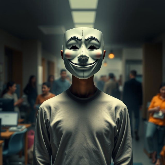 A human figure standing in the center, wearing a smiling mask that represents normality, while behind the mask, their face shows sadness or despair