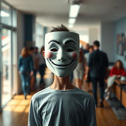 A human figure standing in the center, wearing a smiling mask that represents normality, while behind the mask, their face shows sadness or despair