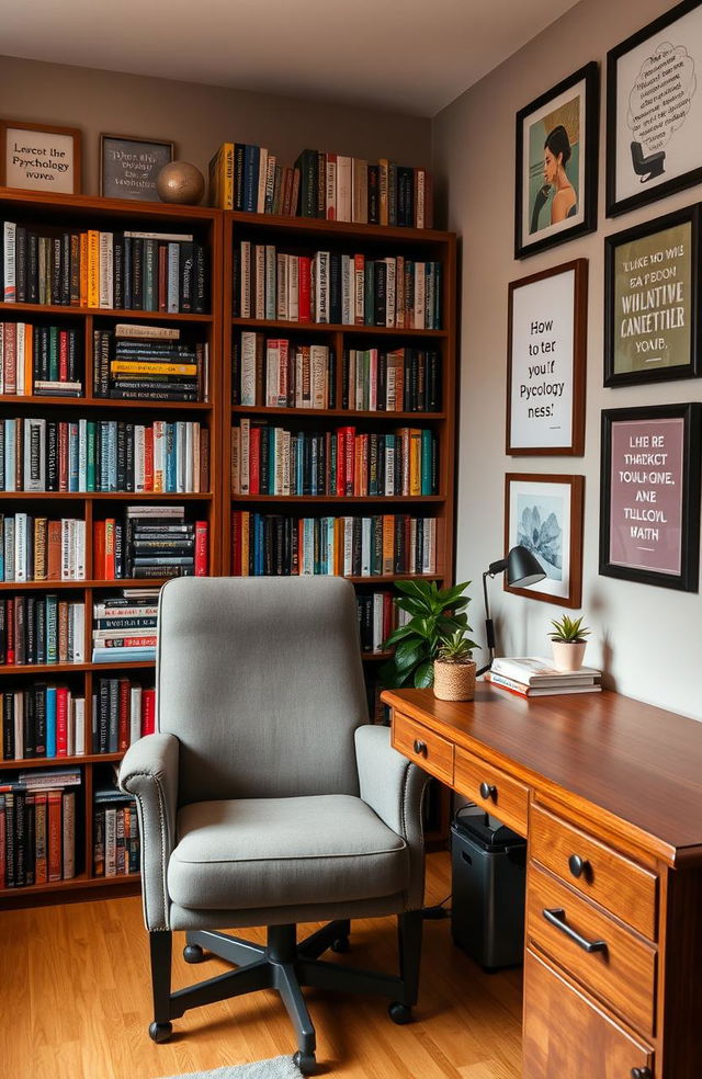 A cozy psychologist's office featuring a comfortable chair and a wooden desk