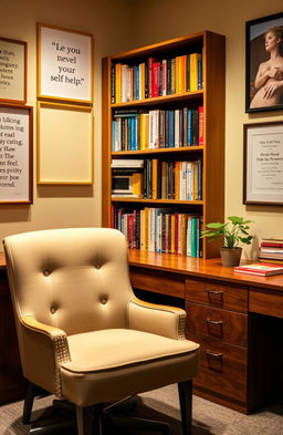 A cozy psychologist's office featuring a comfortable chair and a wooden desk