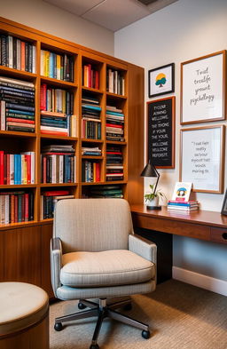 A cozy psychologist's office featuring a comfortable chair and a wooden desk