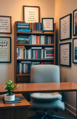 A cozy psychologist's office featuring a comfortable chair and a wooden desk