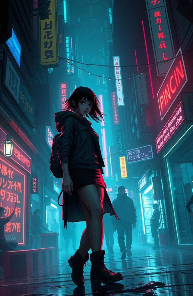 In a neon-lit dystopian cityscape where digital memories are extracted and stored, a young hacker named Lila pirouettes through the shadows of an underground bazaar filled with flickering holograms and illicit data streams