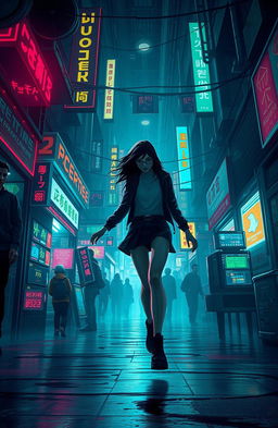 In a neon-lit dystopian cityscape where digital memories are extracted and stored, a young hacker named Lila pirouettes through the shadows of an underground bazaar filled with flickering holograms and illicit data streams