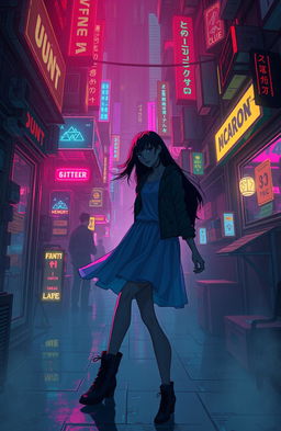 In a neon-lit dystopian cityscape where digital memories are extracted and stored, a young hacker named Lila pirouettes through the shadows of an underground bazaar filled with flickering holograms and illicit data streams