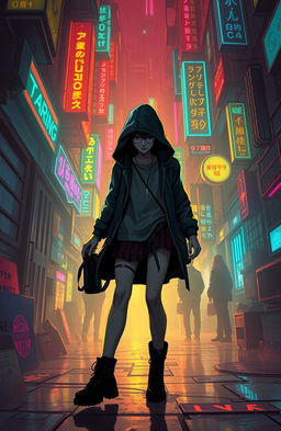 In a neon-lit dystopian cityscape where digital memories are extracted and stored, a young hacker named Lila pirouettes through the shadows of an underground bazaar filled with flickering holograms and illicit data streams