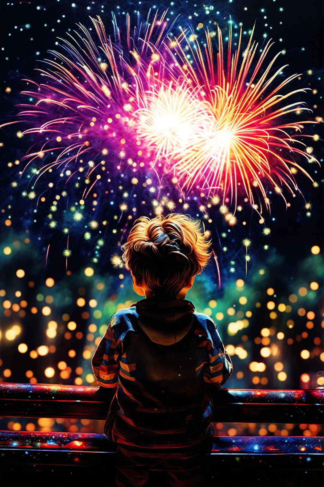 A high-quality digital art image depicting a vibrant fireworks display reflected in the eyes of a child looking up in wonder