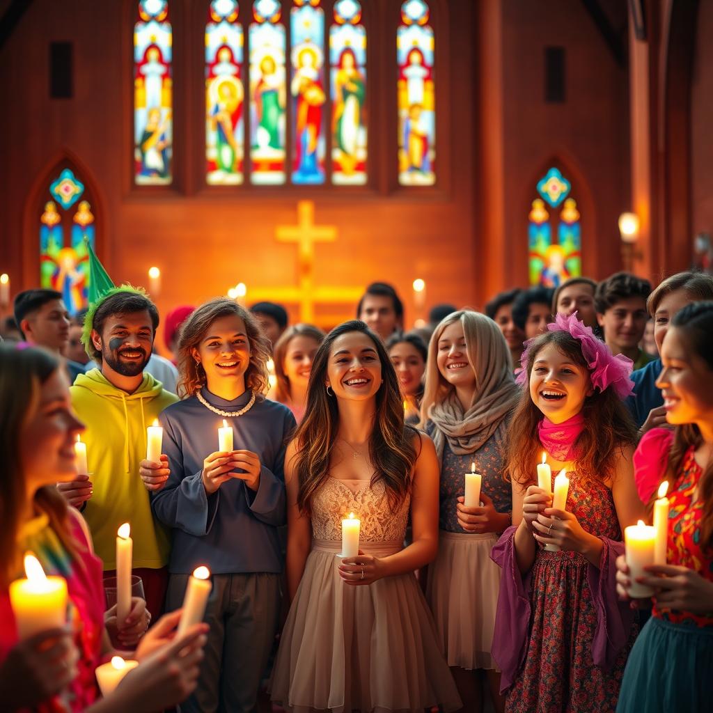 A vibrant and uplifting scene depicting a youth vigil at a church