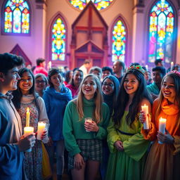 A vibrant and uplifting scene depicting a youth vigil at a church