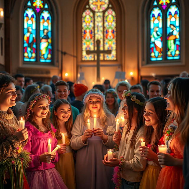 A vibrant and uplifting scene depicting a youth vigil at a church