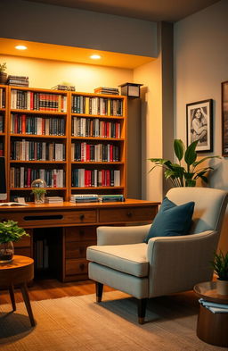 A cozy psychologist's office featuring a comfortable armchair and a wooden desk, with bookshelves filled with various psychology books in the background