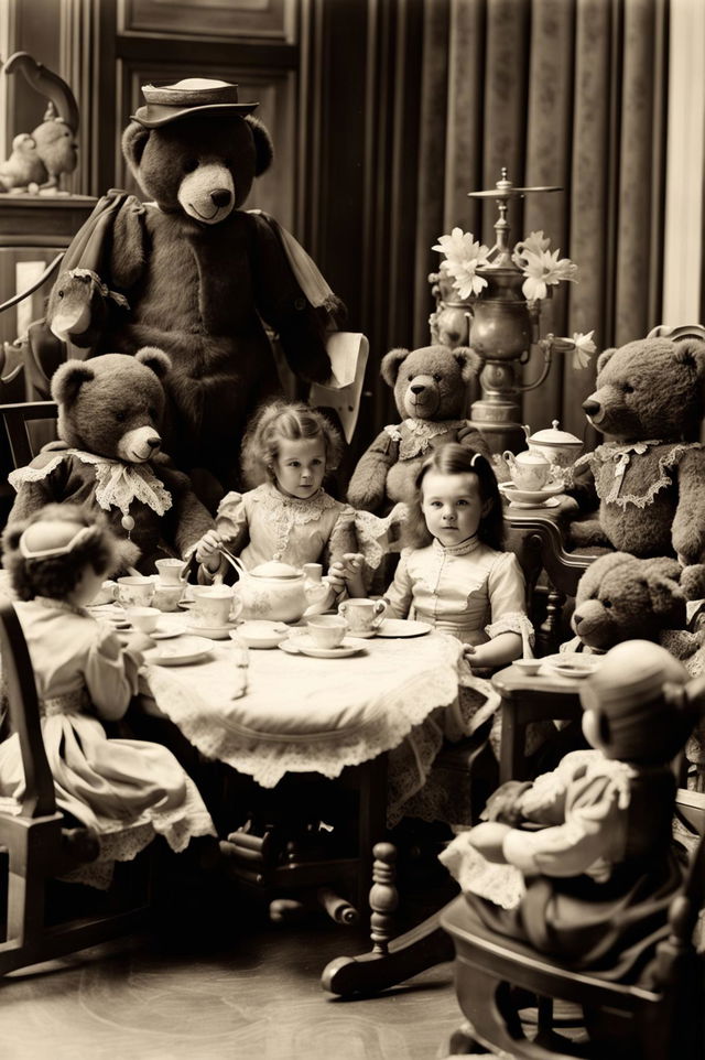 Sepia-toned vintage photograph of Victorian-era scene with ornate rocking horse, antique tea set on noblechild's table, teddy bears and happy child in baby blue dress helping teddy bear sip tea