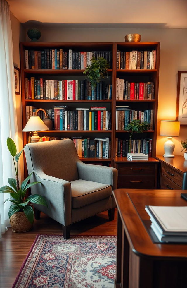 A cozy psychologist's office featuring a comfortable armchair and a wooden desk, with bookshelves filled with various psychology books in the background