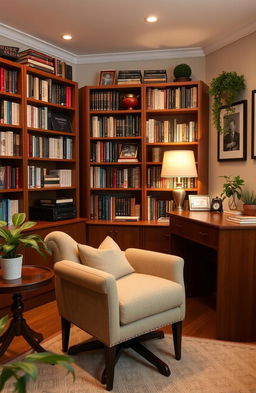 A cozy psychologist's office featuring a comfortable armchair and a wooden desk, with bookshelves filled with various psychology books in the background