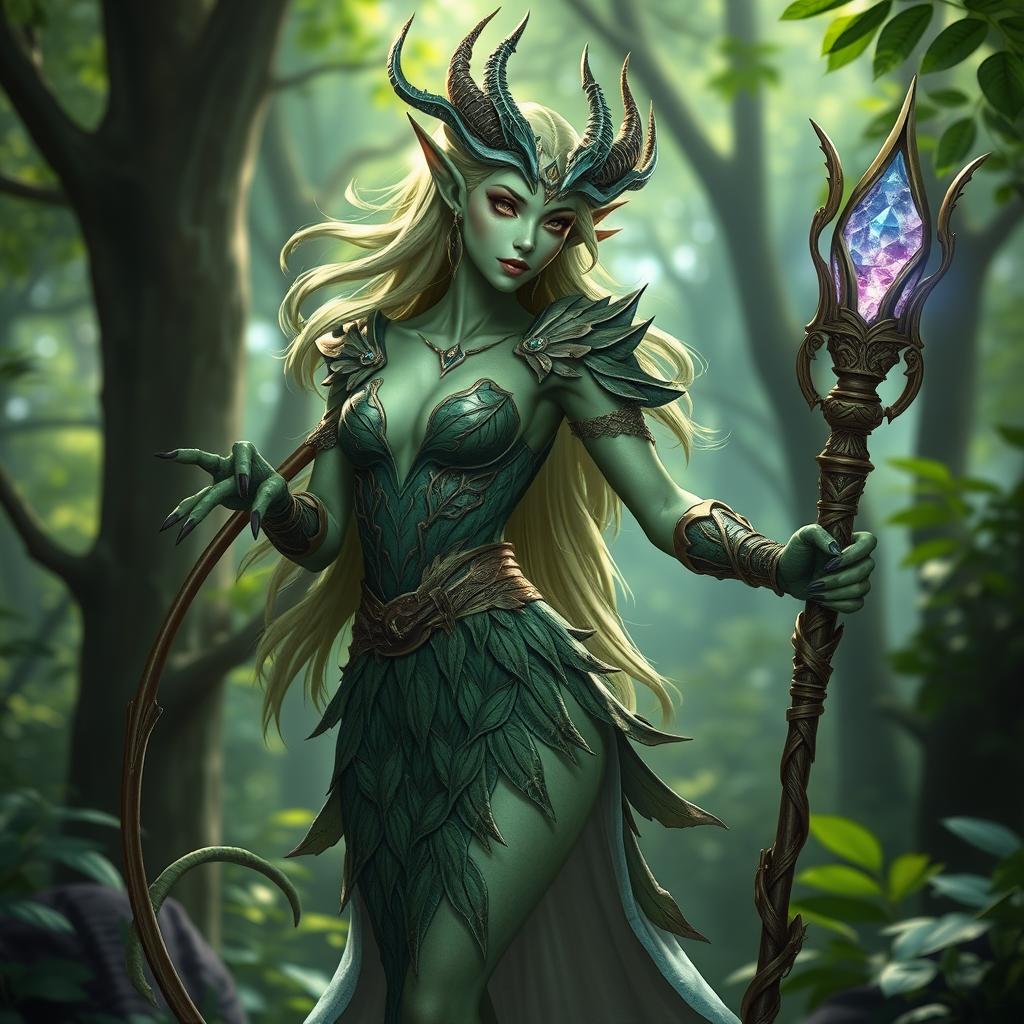 A female draconid druid, featuring a sleek, feminine figure adorned in elegant armor-dress that combines natural elements with a fantasy aesthetic