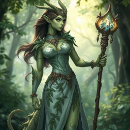 A female draconid druid, featuring a sleek, feminine figure adorned in elegant armor-dress that combines natural elements with a fantasy aesthetic
