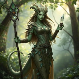 A female draconid druid, featuring a sleek, feminine figure adorned in elegant armor-dress that combines natural elements with a fantasy aesthetic