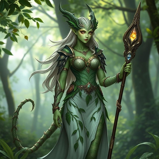 A female draconid druid, featuring a sleek, feminine figure adorned in elegant armor-dress that combines natural elements with a fantasy aesthetic