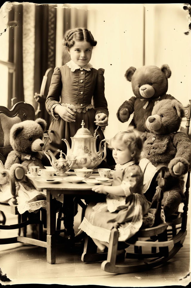 Sepia-toned vintage photograph with water damage on corner, capturing Victorian-era scene with ornate rocking horse, antique tea set on noblechild's table, teddy bears and happy child in baby blue dress helping teddy bear sip tea