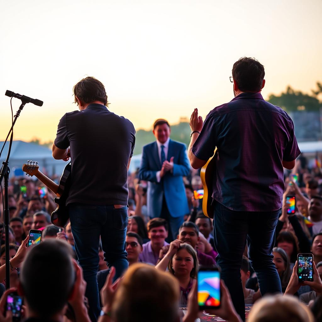 Two people performing in a band in front of a large crowd, with the character of Rafael Correa, the former President of Ecuador, watching them from behind, in a vibrant outdoor concert setting
