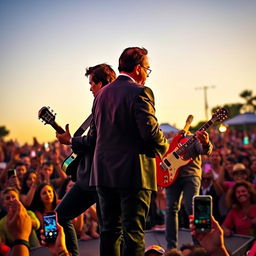 Two people performing in a band in front of a large crowd, with the character of Rafael Correa, the former President of Ecuador, watching them from behind, in a vibrant outdoor concert setting