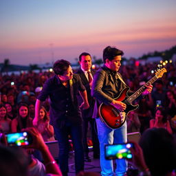 Two people performing in a band in front of a large crowd, with the character of Rafael Correa, the former President of Ecuador, watching them from behind, in a vibrant outdoor concert setting