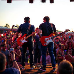 Two people performing in a band in front of a large crowd, with the character of Rafael Correa, the former President of Ecuador, watching them from behind, in a vibrant outdoor concert setting